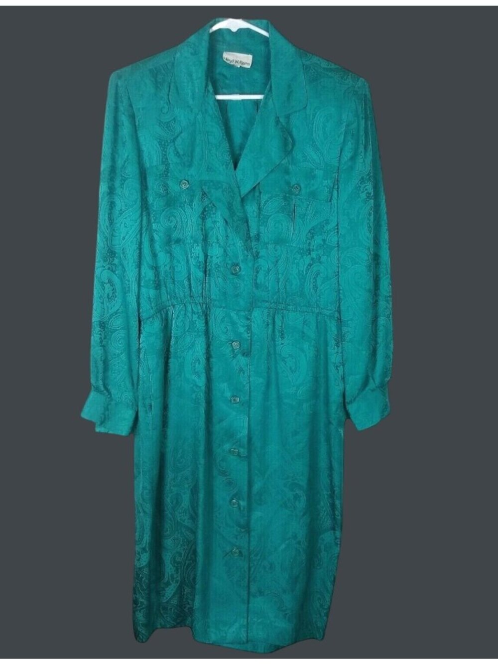 Vintage Lloyd Williams Paisley Maxi Shirt Dress Womens 8 Green 80s Dark Academia